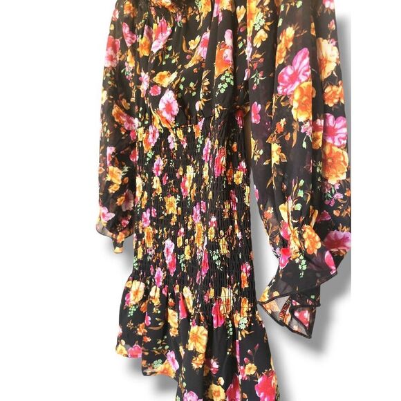 NEW HYFVE sz S Womens Black Floral Tiered Ruched Waist Off the Shoulder Dress - Picture 4 of 5